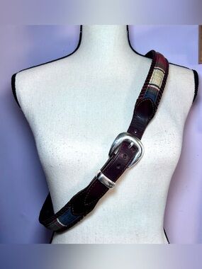 Vintage Brighton Southwestern Fabric Striped Leather Belt Silver Buckle Men’s 40